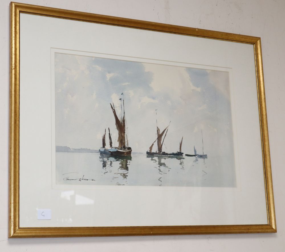 § Edward Wesson (1910-1983), watercolour, Sail barges off the coast, signed, 31 x 49cm